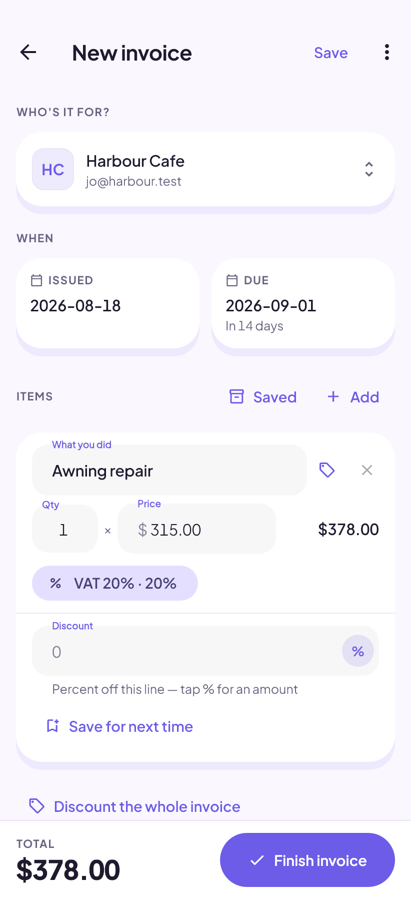 The invoice editor with a line being typed