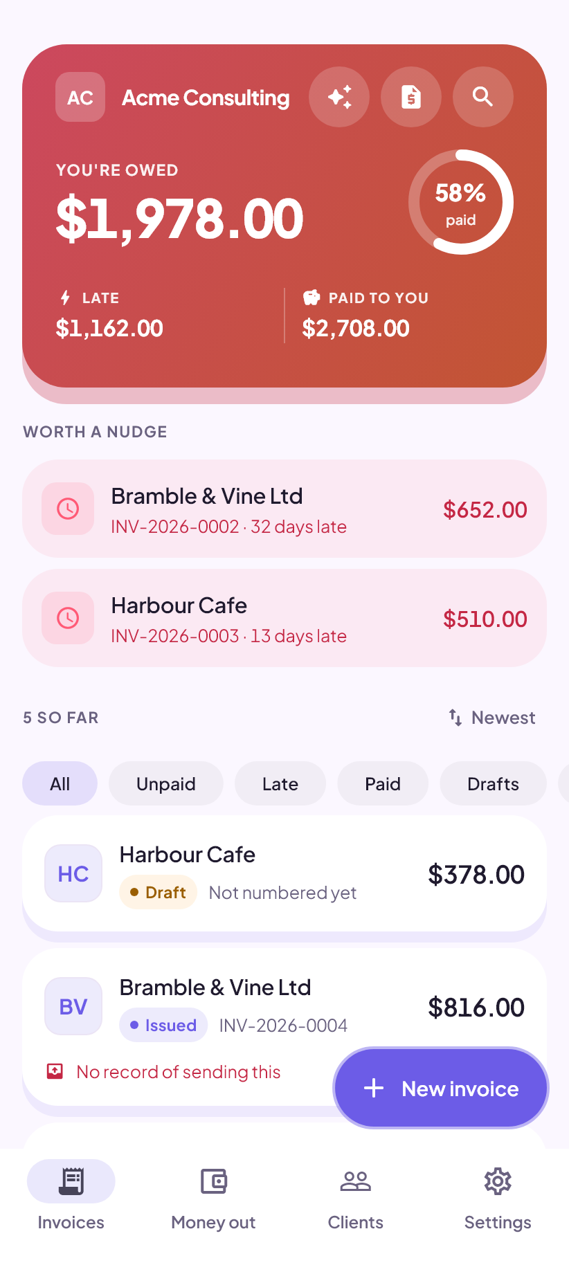 The Billkeep home screen showing what is owed and what is late